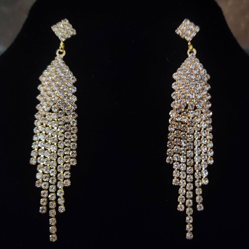 Gold Tone & Rhinestone Stud Earrings Waterfall Chandelier Tassel Sparkling Top